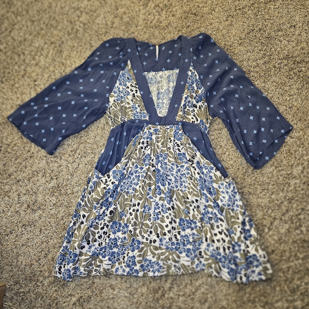 Free People Womens Talulla Boho Blue Mix Printed 3/4 Sleeve‎ Dress Size Medium